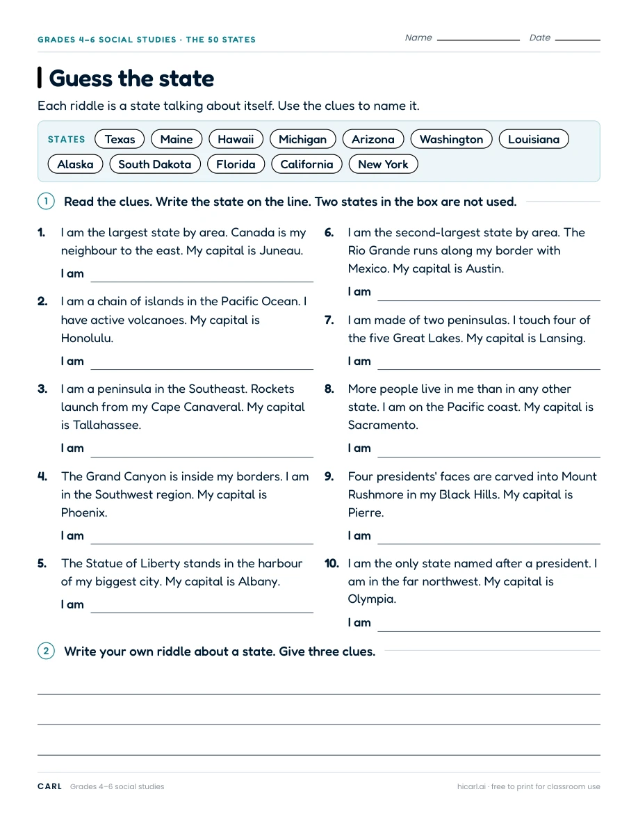Guess the state worksheet preview