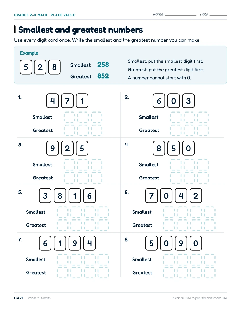 Smallest and greatest numbers worksheet preview