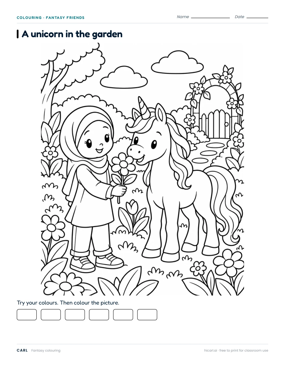Unicorn Garden 1 colouring page preview