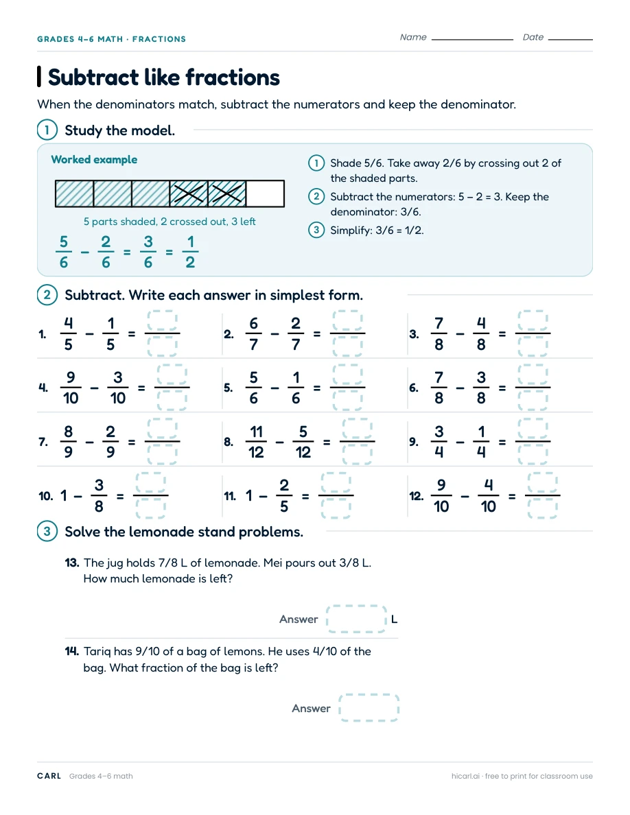Fraction operation worksheets preview