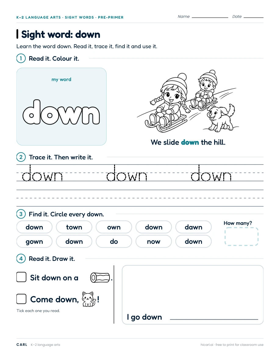Sight word: down preview
