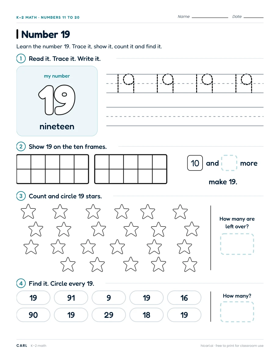 Number 19 worksheet preview