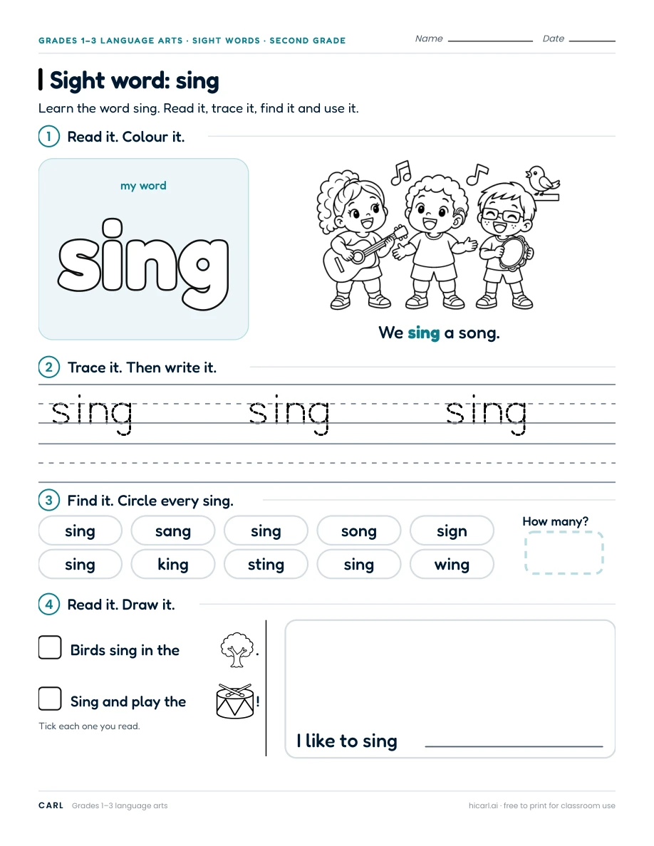 Sight word: sing preview