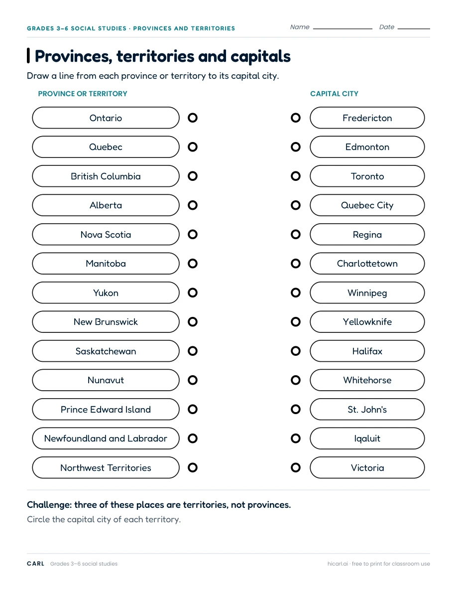 Canadian capital map practice worksheets preview