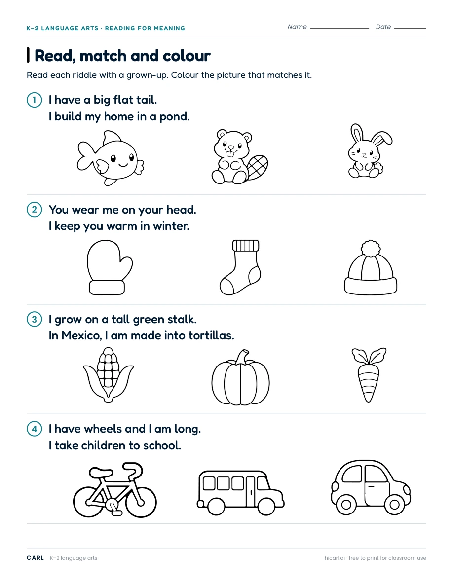 Read, match and colour worksheet preview
