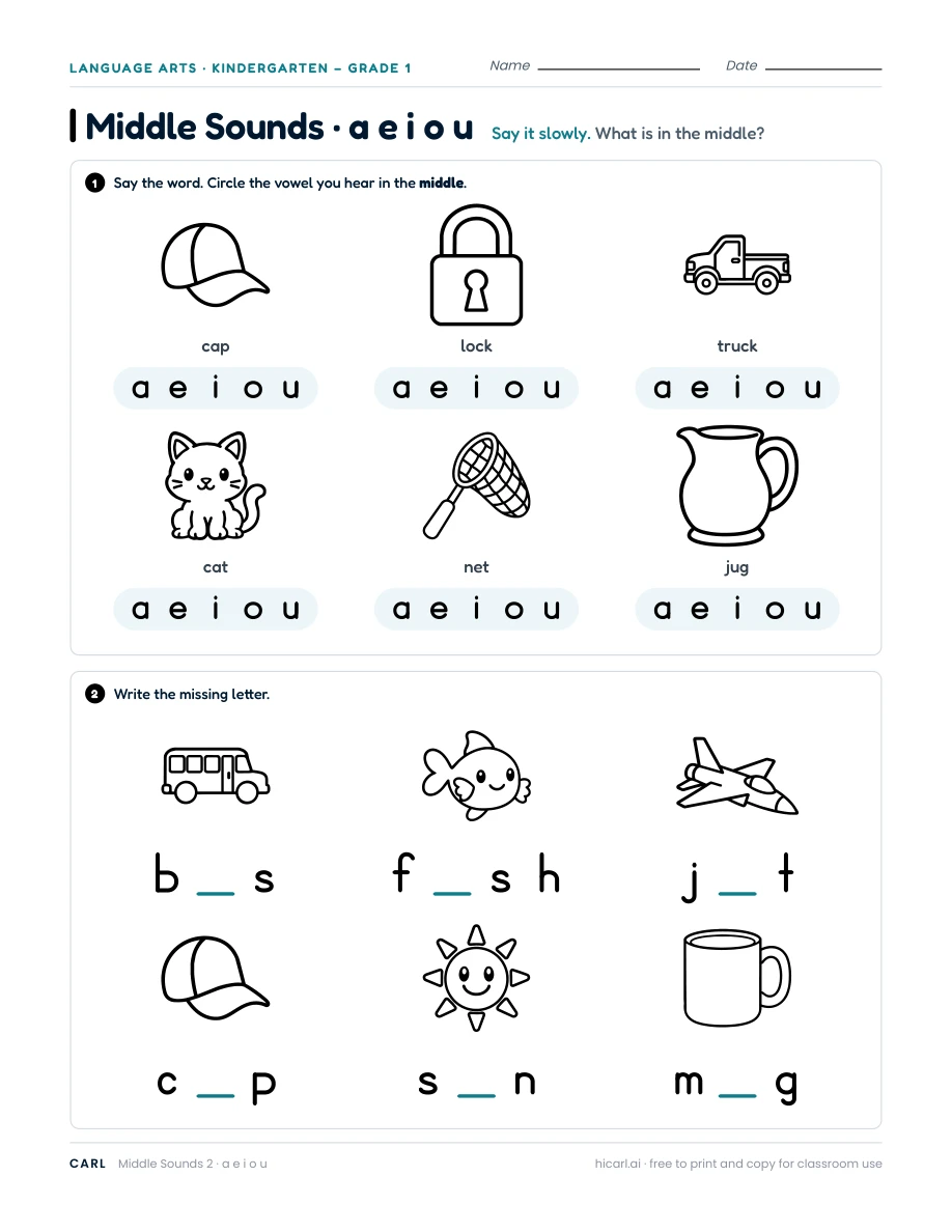 Middle vowel sound worksheets preview