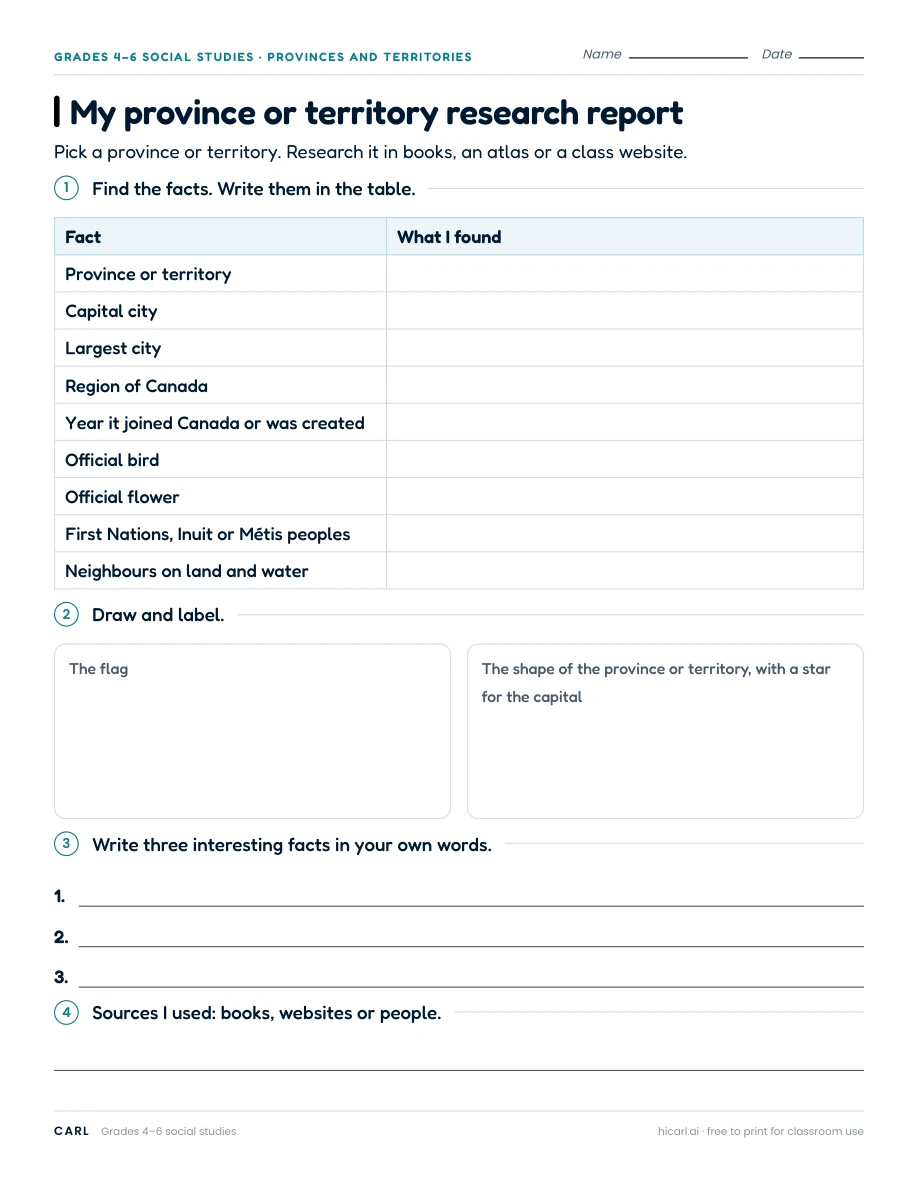 My province or territory research report worksheet preview