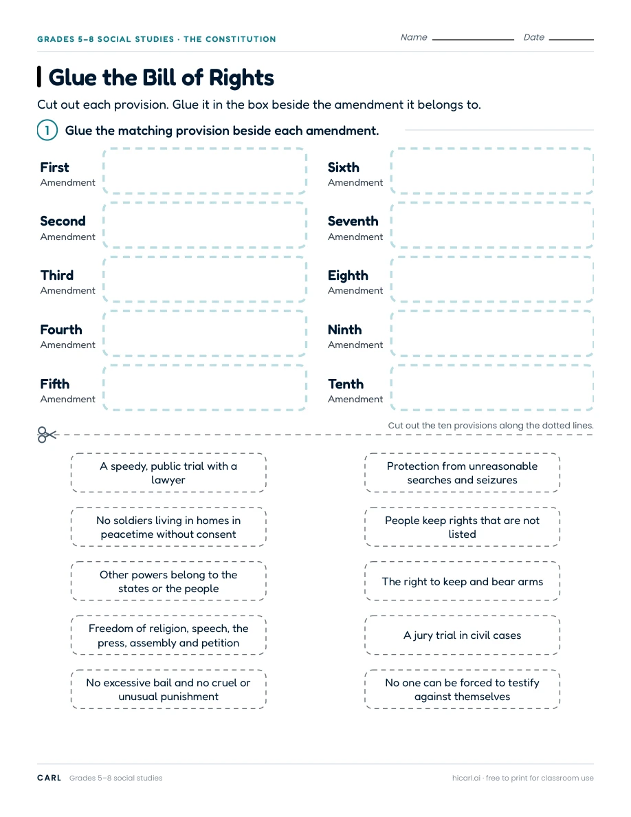 Glue the Bill of Rights worksheet preview