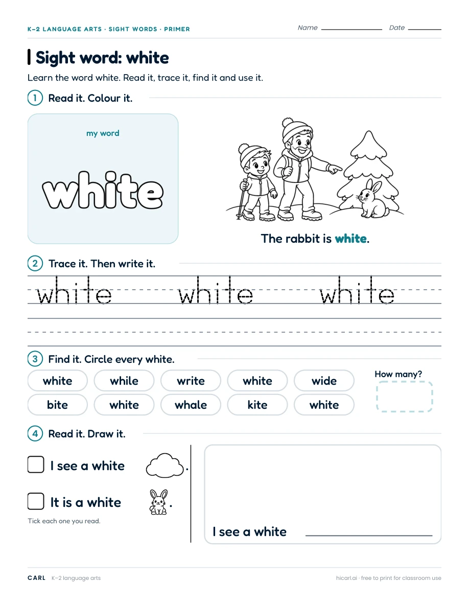 Sight word: white preview