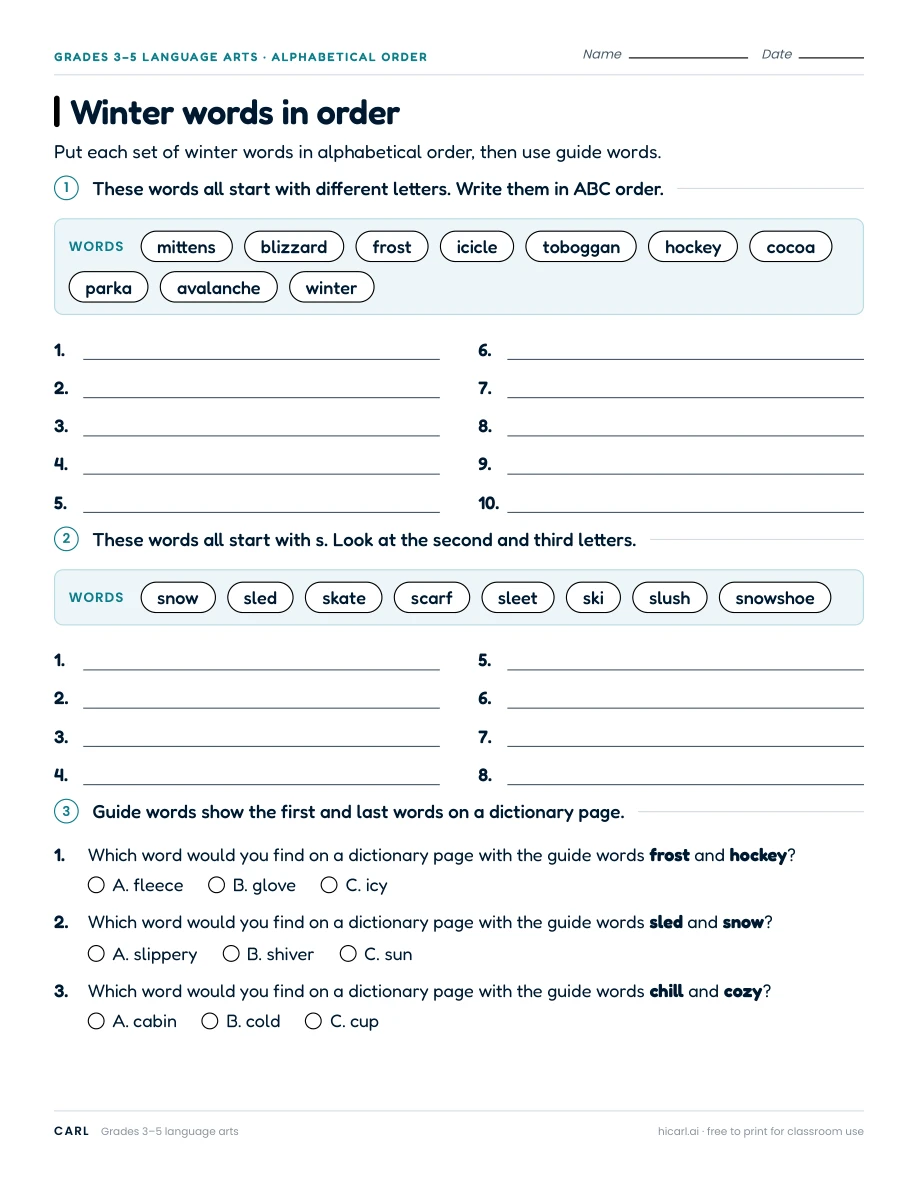 Winter words in order worksheet preview