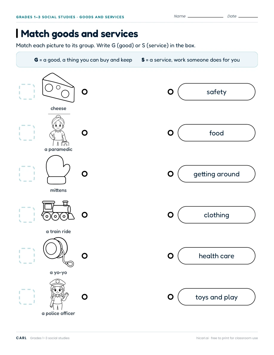 Match goods and services worksheet preview