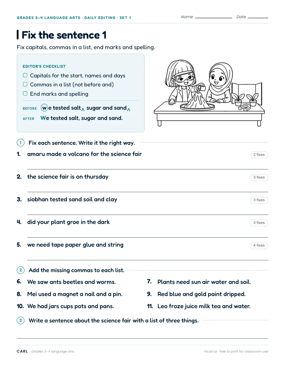 Sentence editing practice 7 (Grade 3, Grade 4) preview