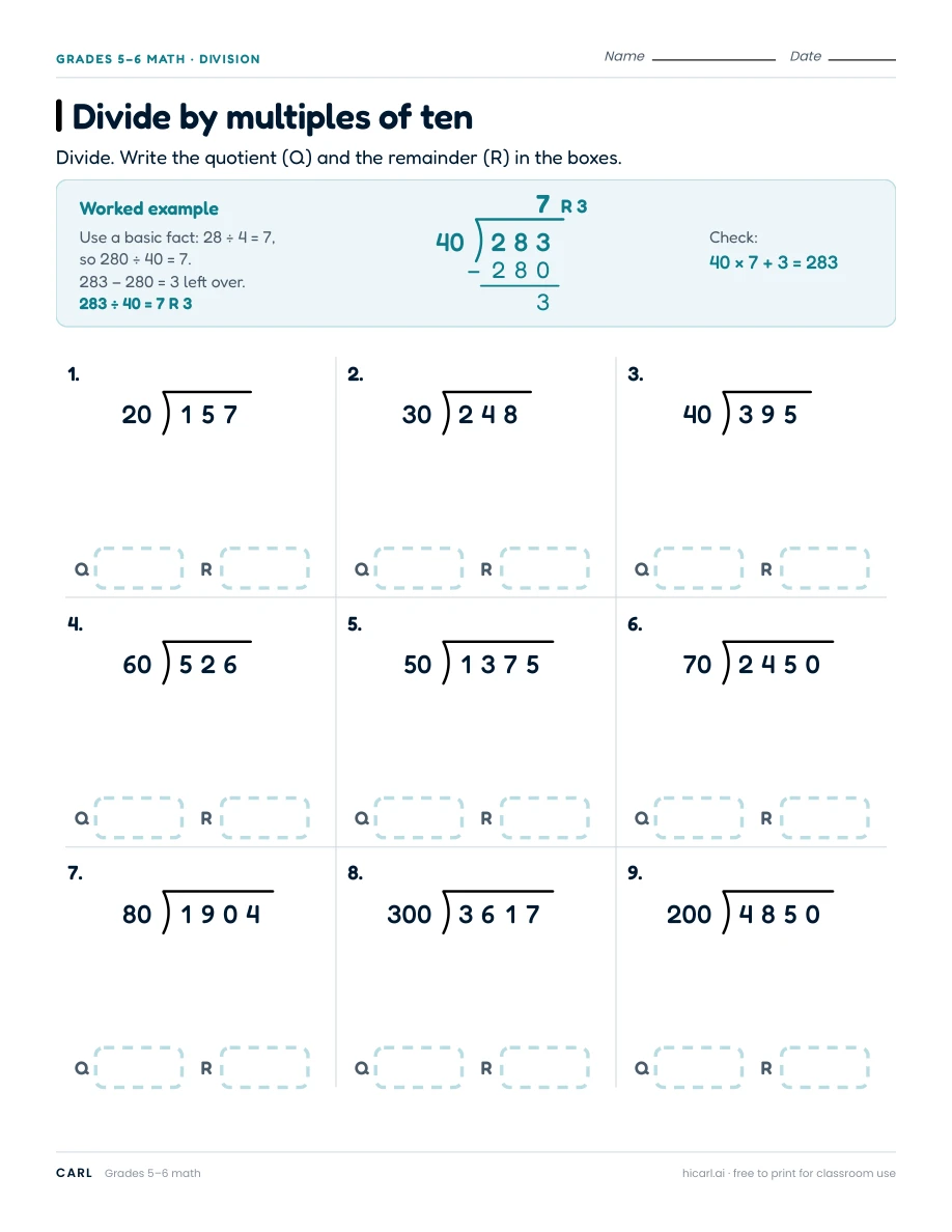 Divide by multiples of ten worksheet preview