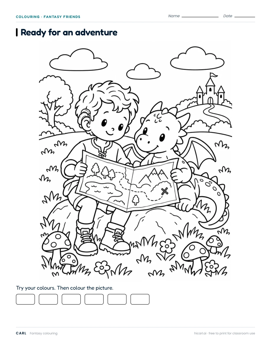 A Dragon Adventure colouring page preview