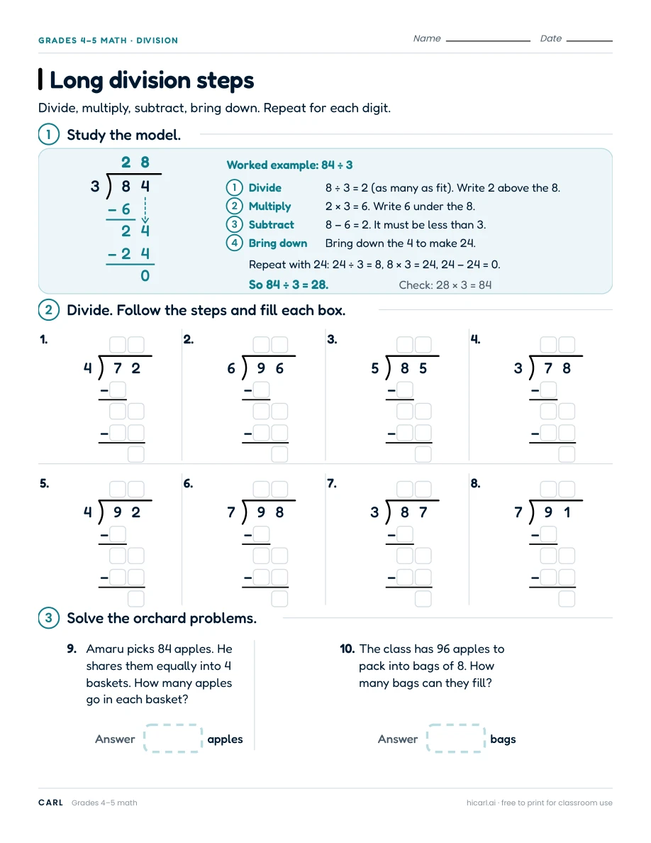 Long division and remainder worksheets preview
