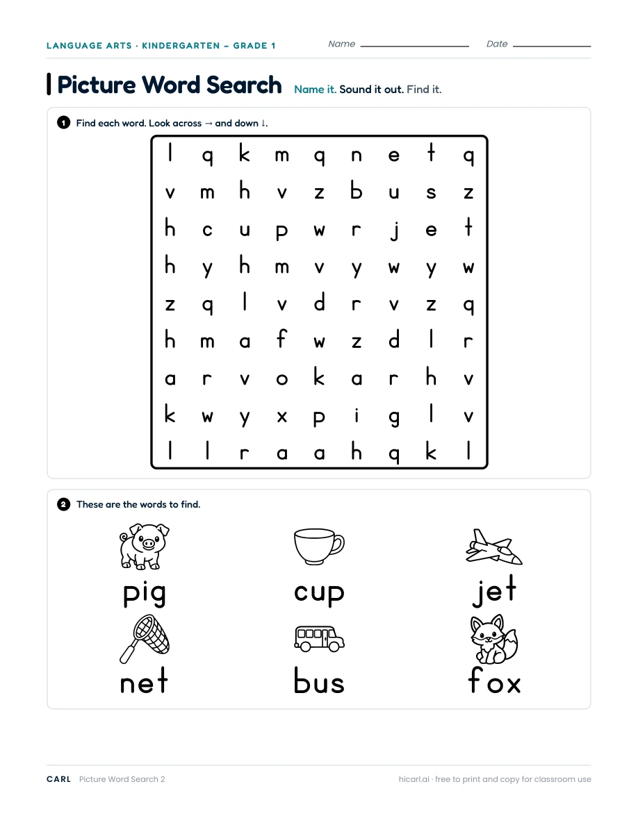 Picture word search worksheets preview
