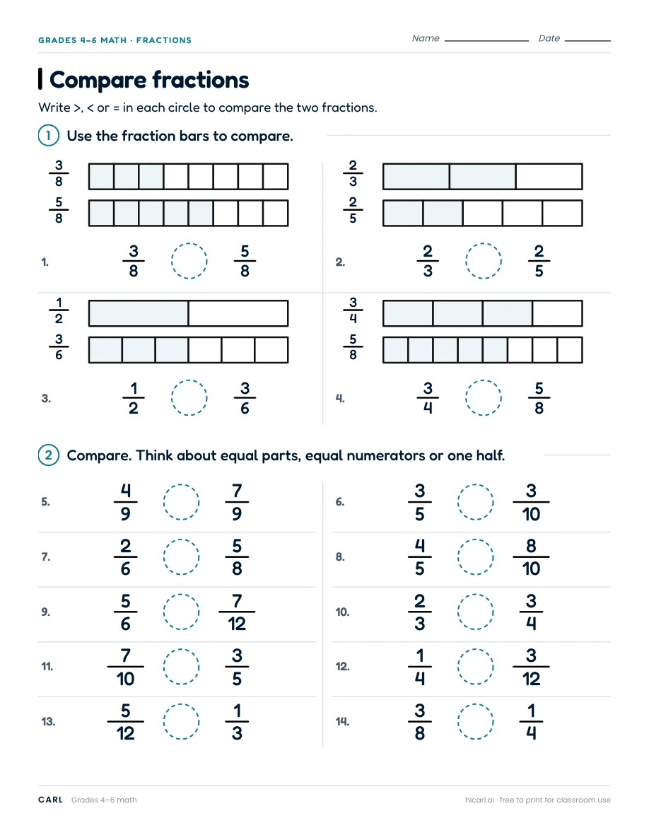 Comparing and ordering fractions worksheets preview