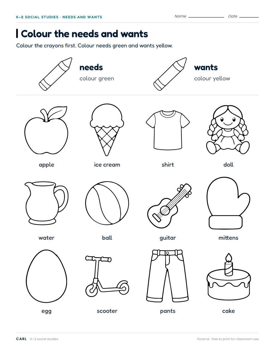 Needs and wants worksheets preview