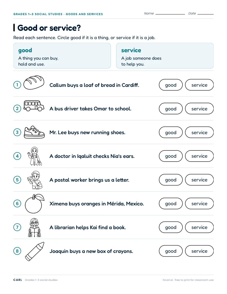Goods and services worksheets preview