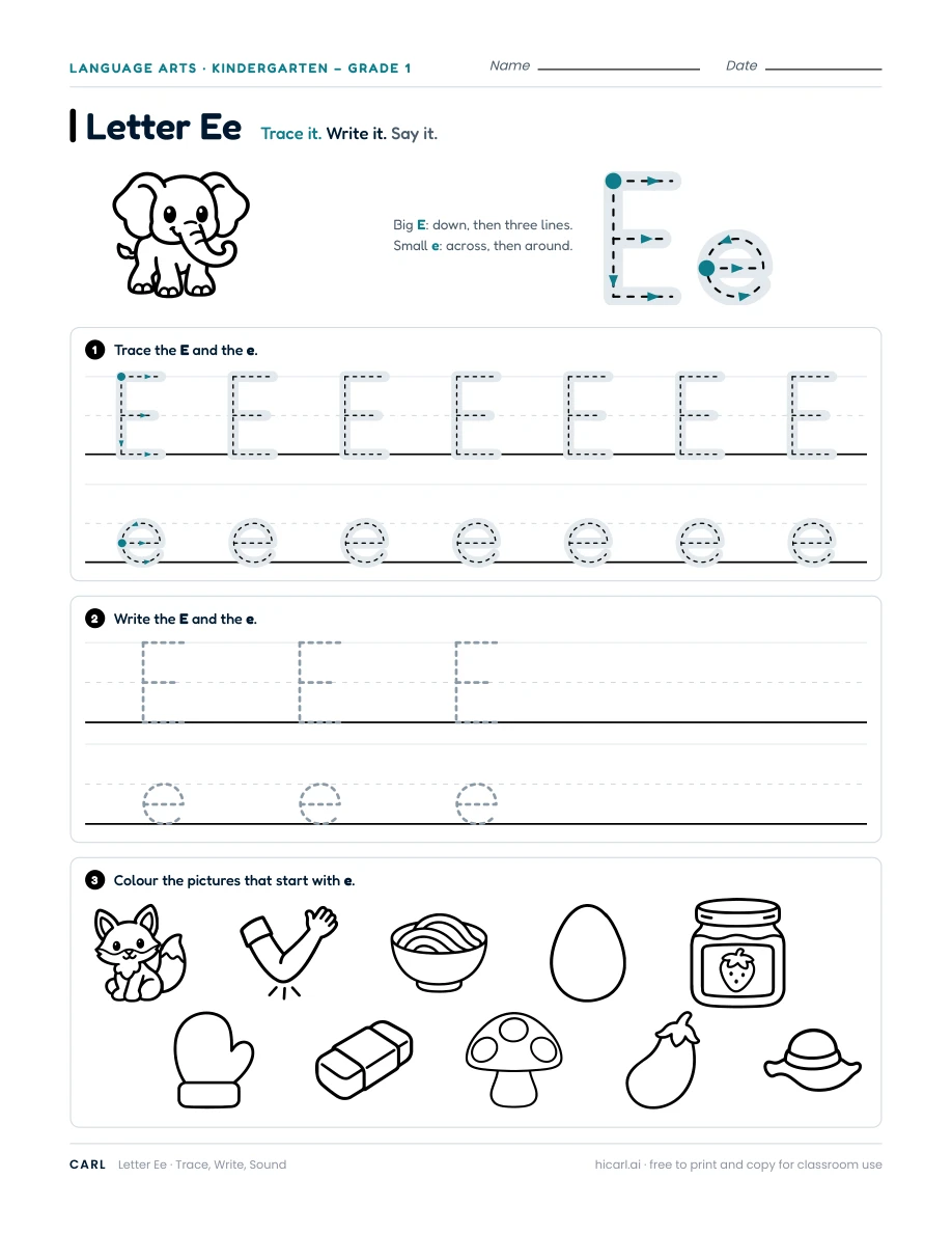 Letter E worksheet — page 1 of 1