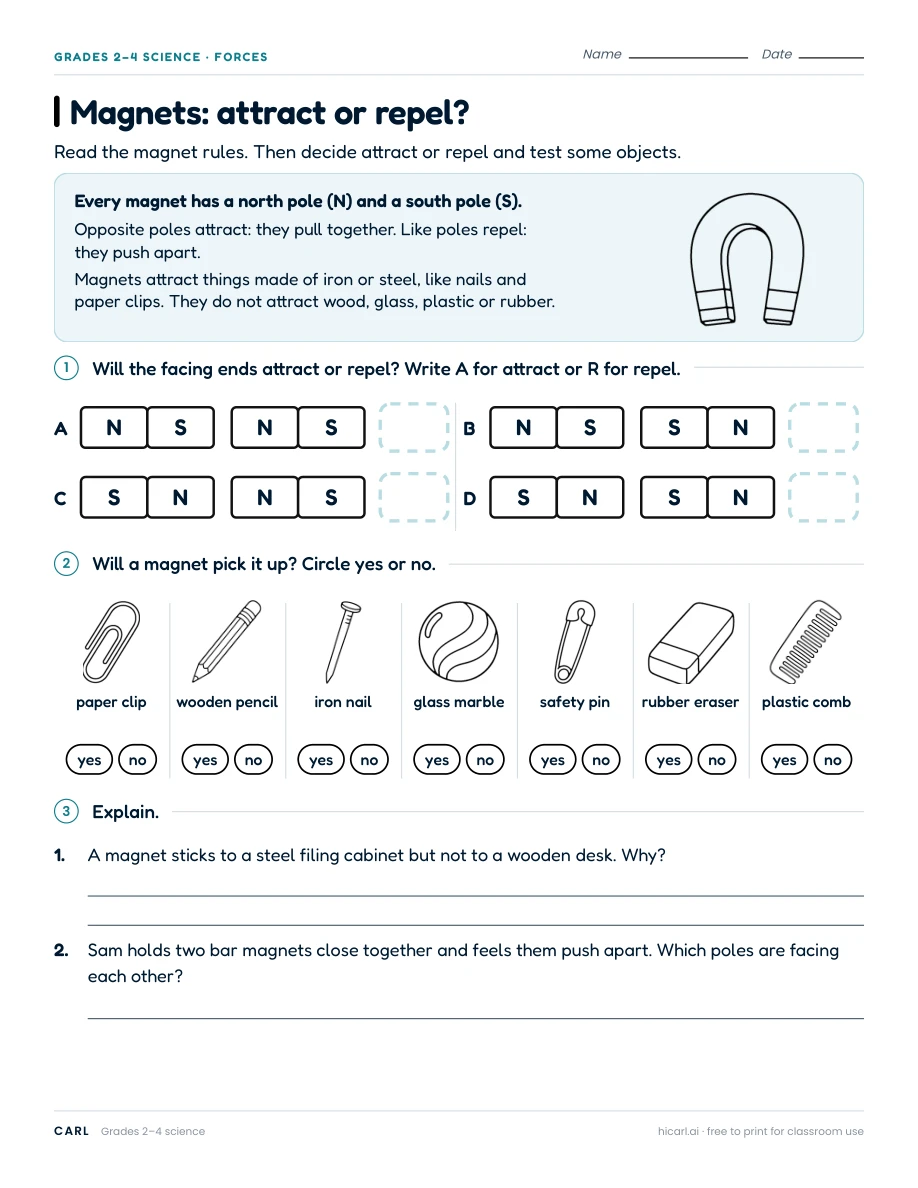 Magnets, light and sound worksheets preview