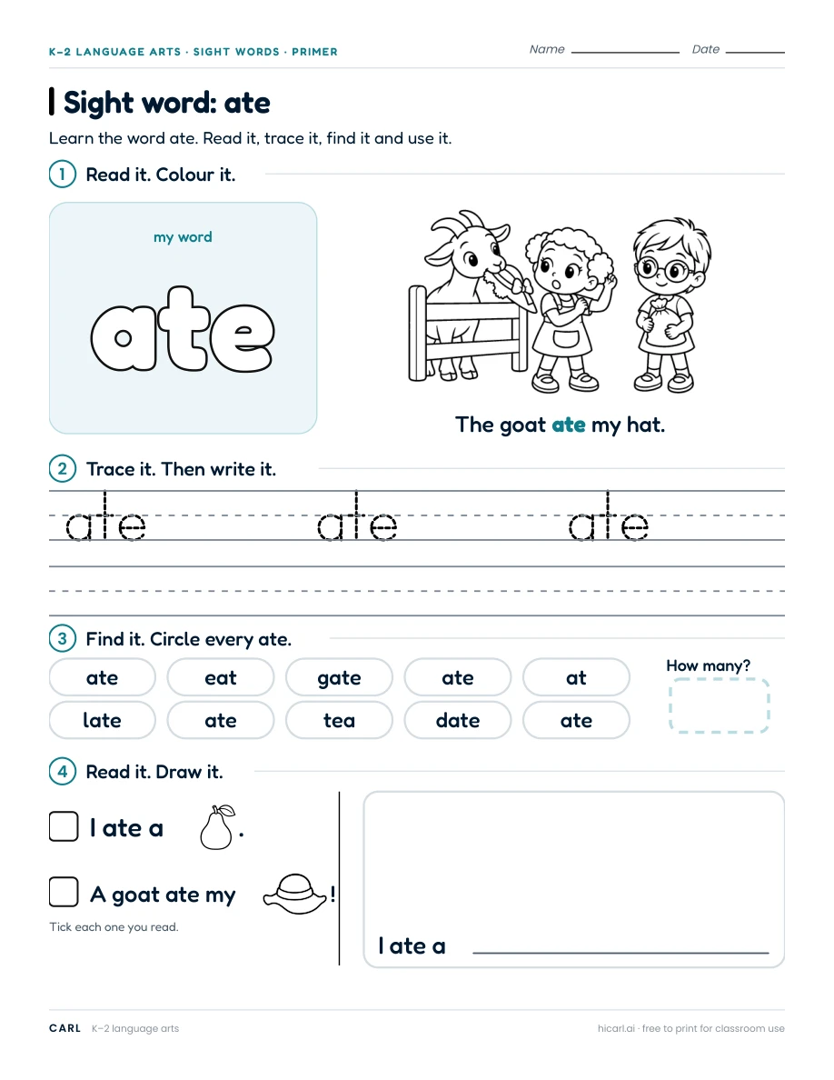 Sight word: ate preview