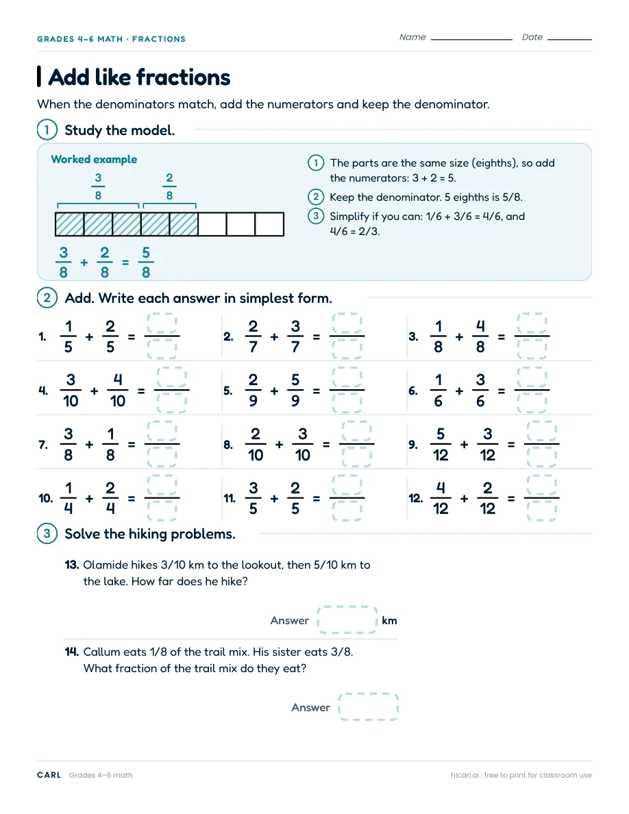 Fraction operation worksheets preview