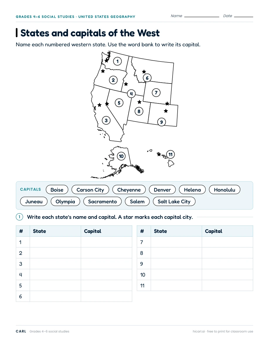 States and capitals of the West worksheet preview