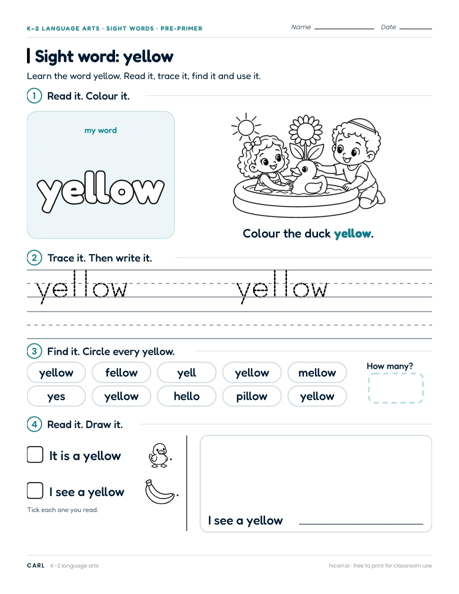 Sight word: yellow preview