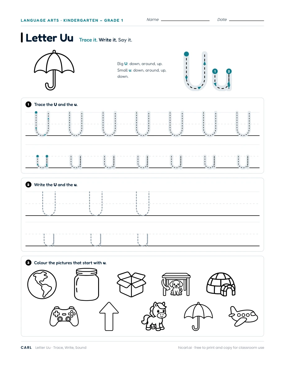 Letter U worksheet — page 1 of 1