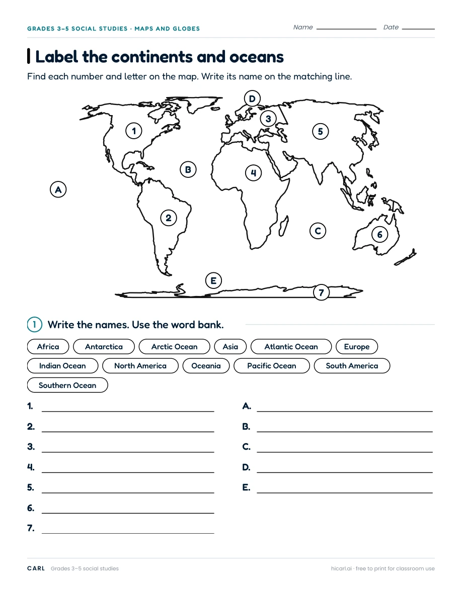 Label the continents and oceans worksheet preview