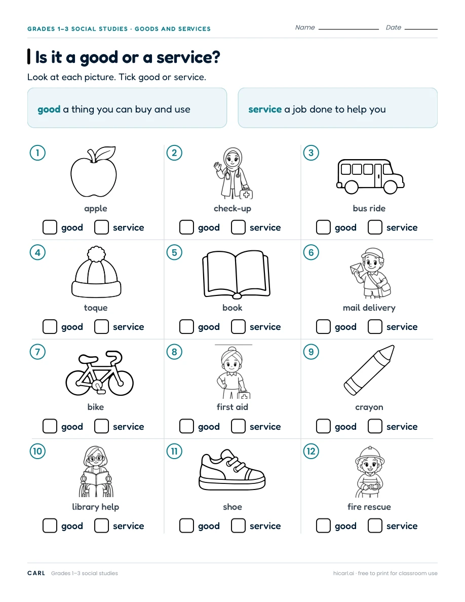 Goods and services worksheets preview