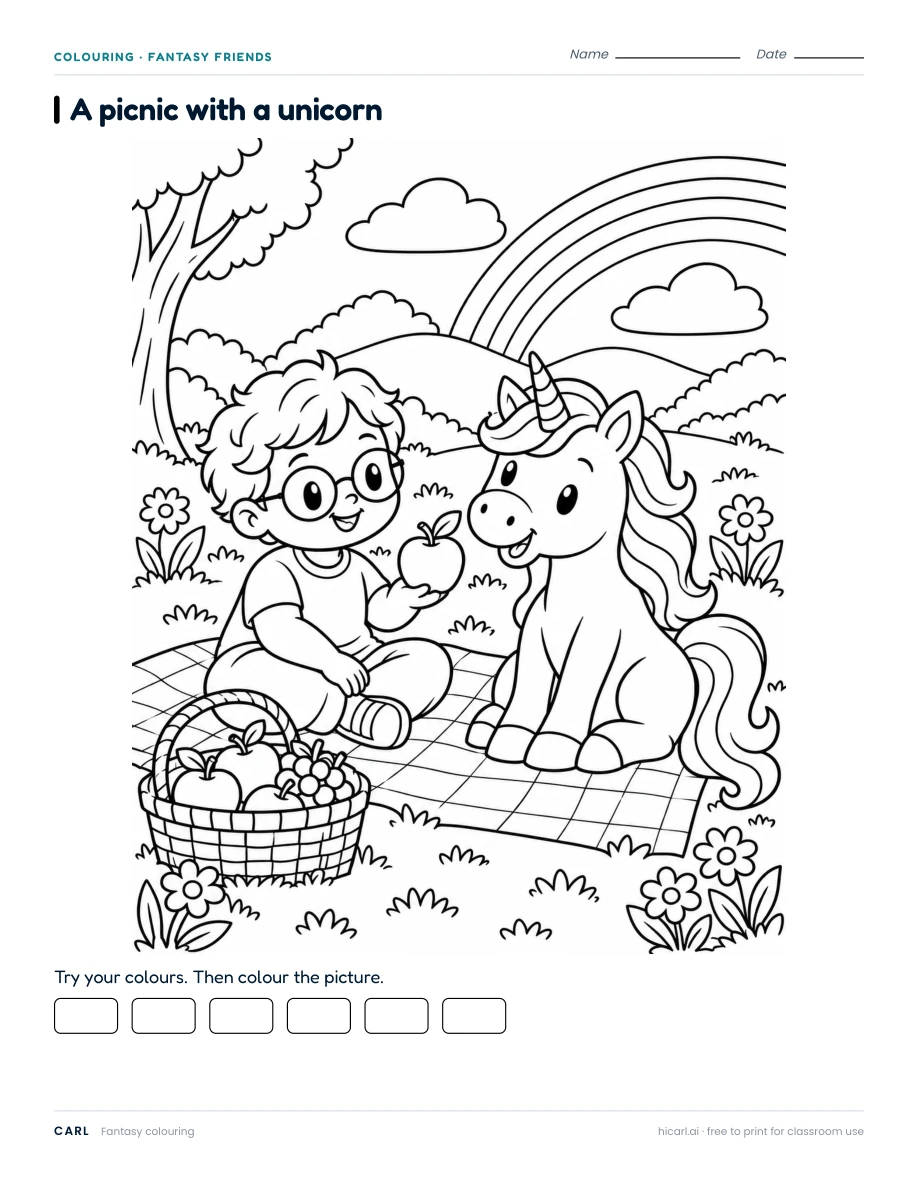 Unicorn Picnic 2 colouring page preview