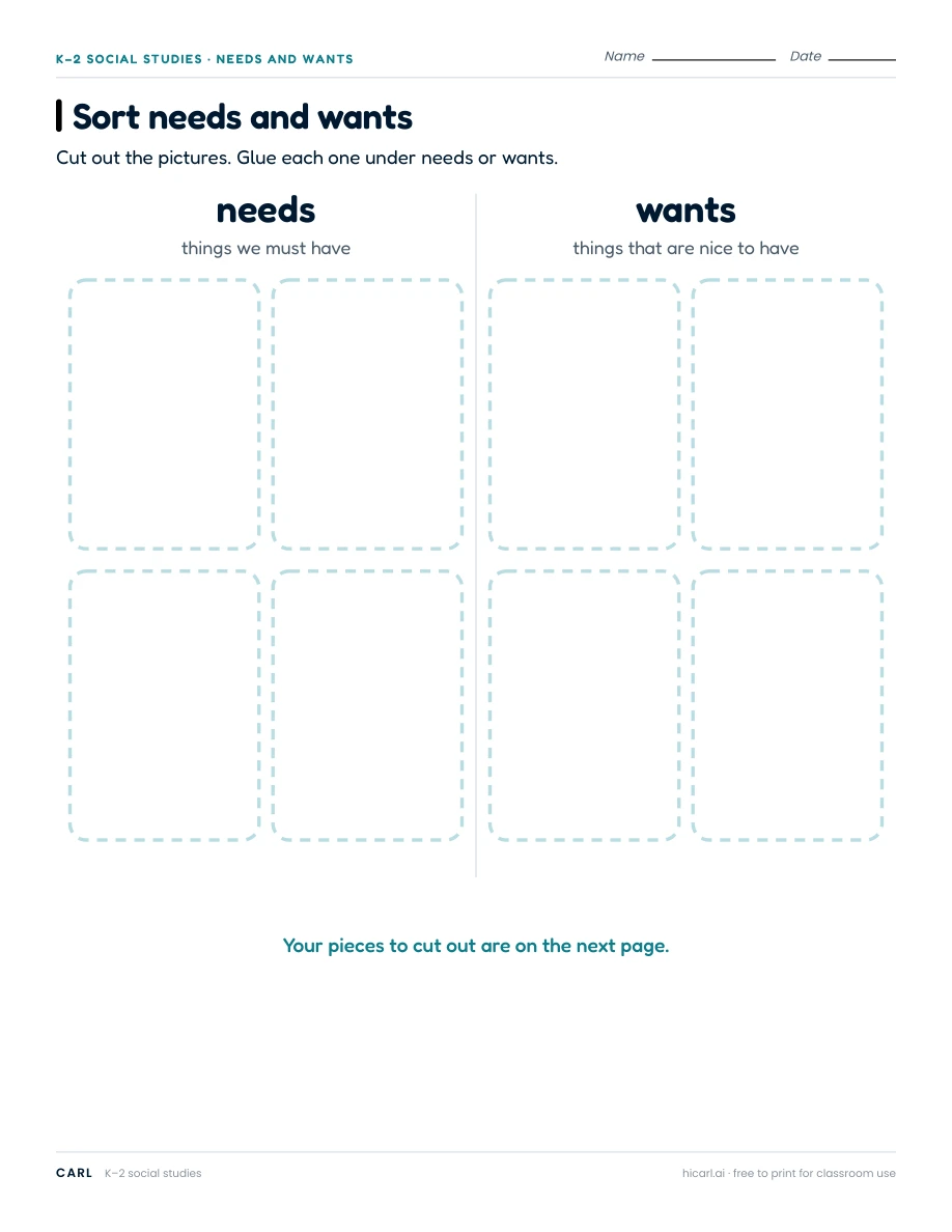Sort needs and wants worksheet preview