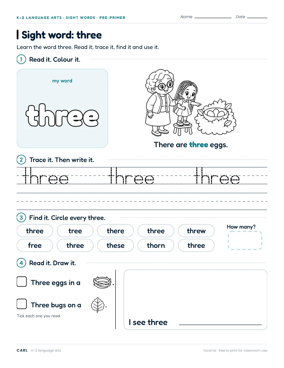 Sight word: three preview