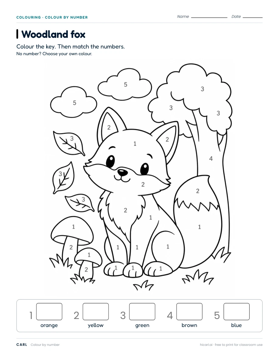 Colour by number: woodland fox worksheet preview