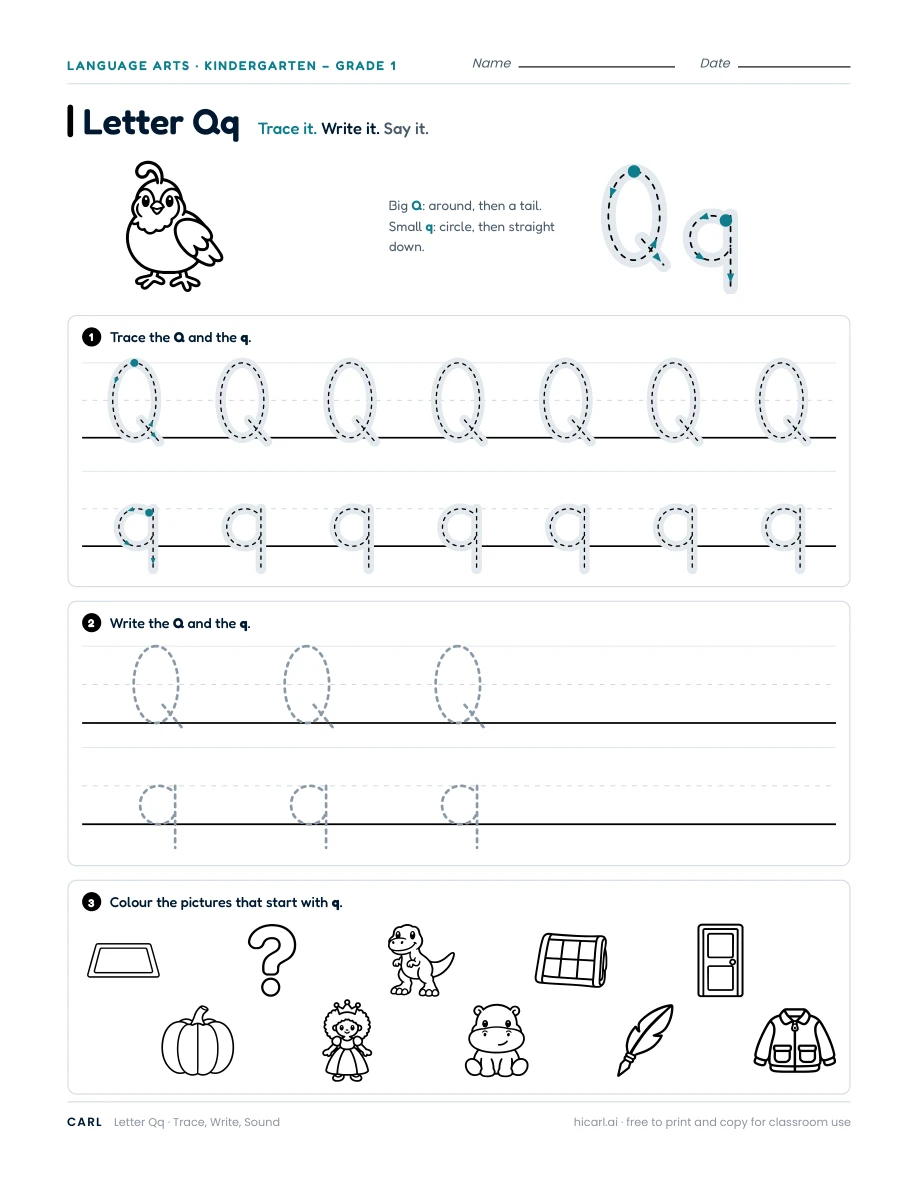 Letter Q worksheet — page 1 of 1