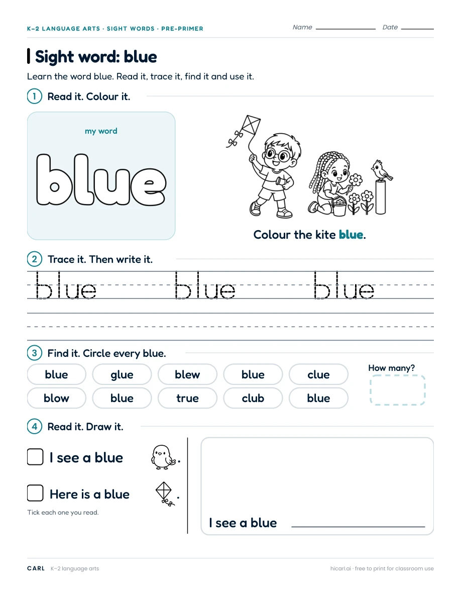 Sight word: blue preview