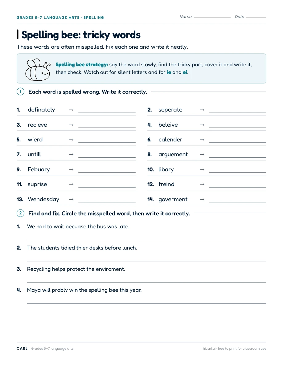 Spelling bee: tricky words worksheet preview