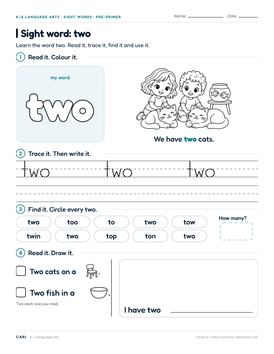 Sight word: two preview
