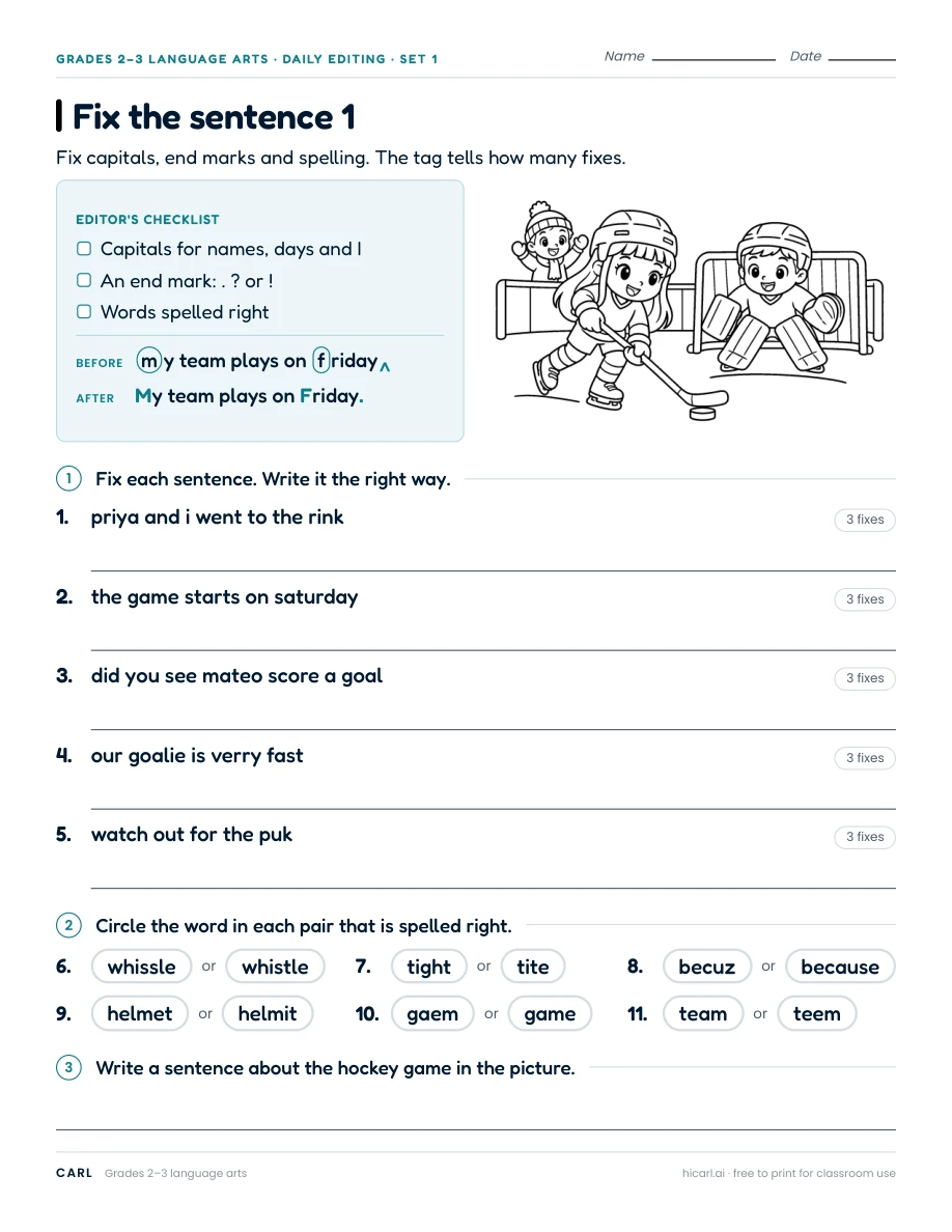 Sentence editing practice 4 (Grade 2, Grade 3) preview