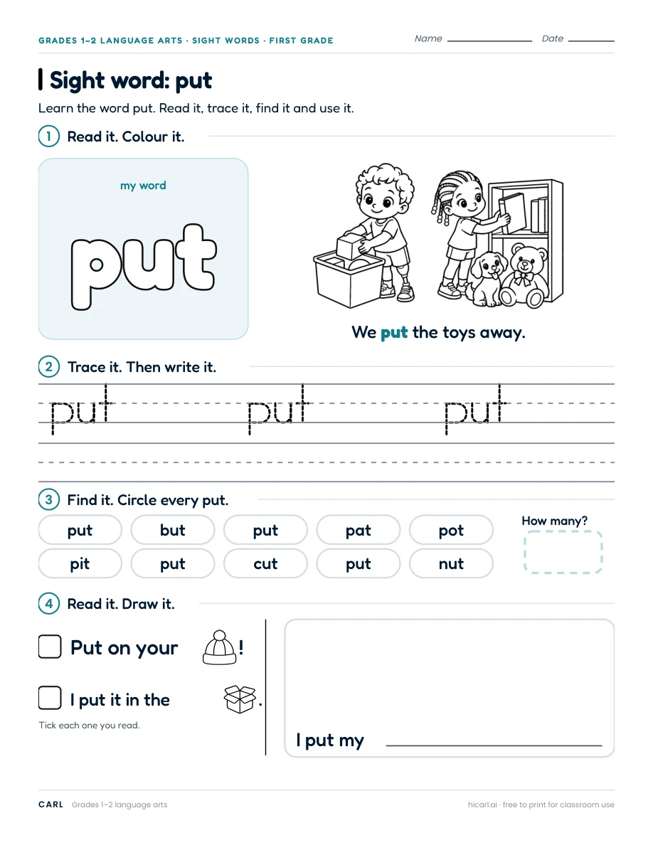 Sight word: put preview