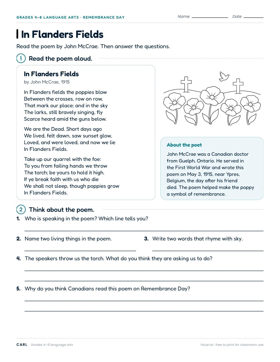 Remembrance reading and writing worksheets preview