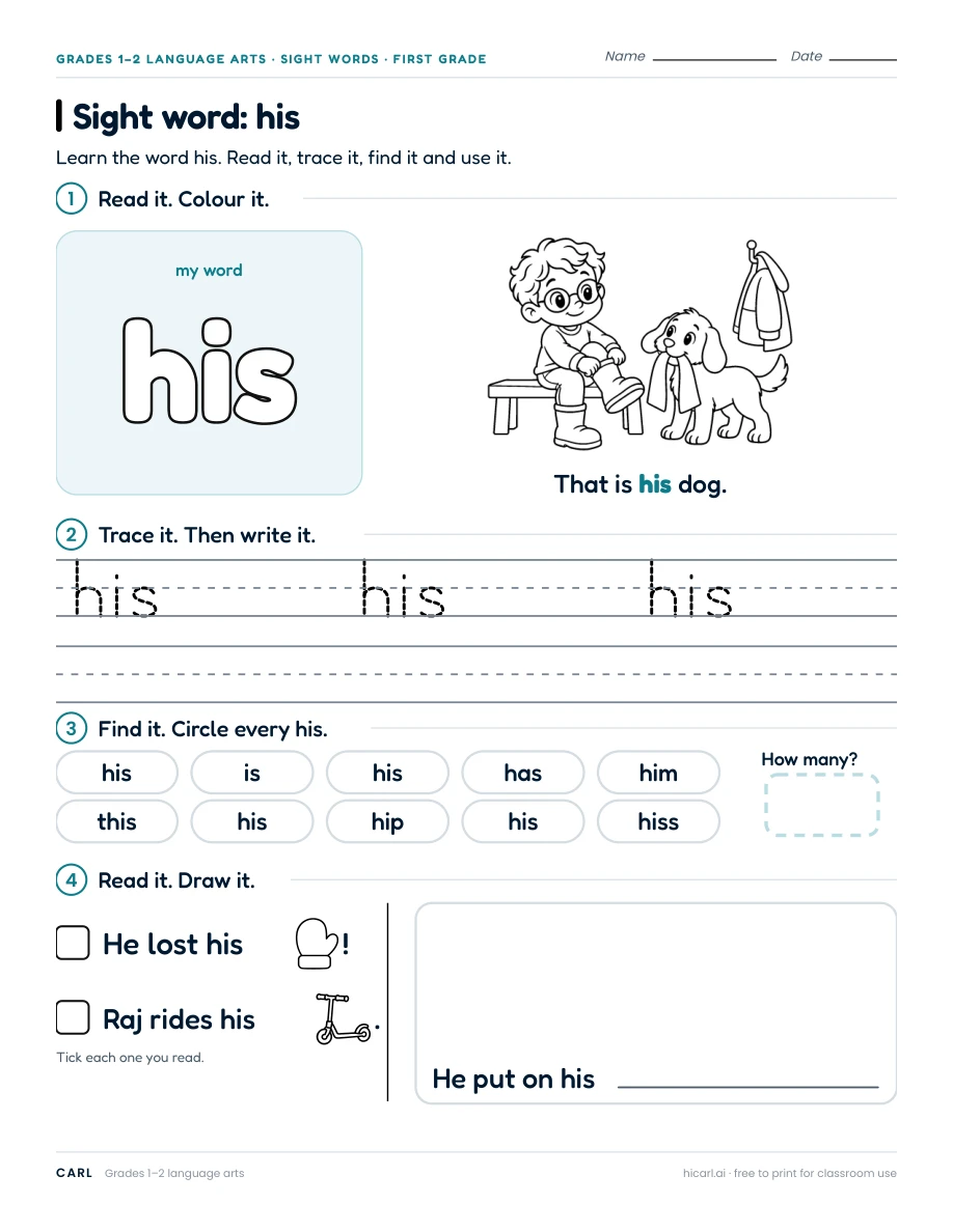 Sight word: his preview