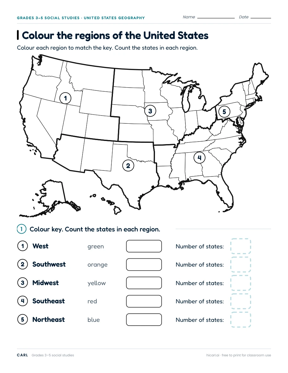 US regions and state research worksheets preview