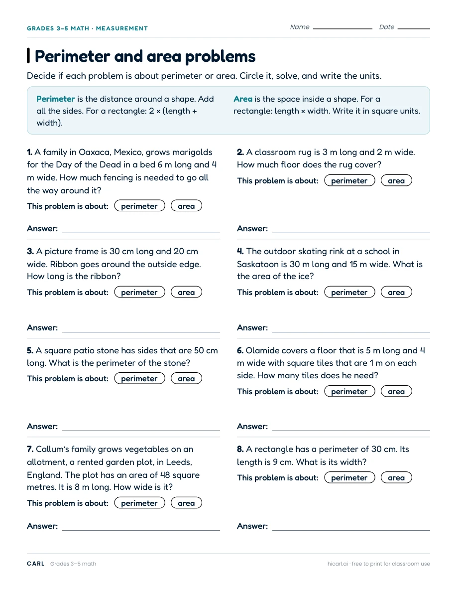 Area and perimeter practice worksheets preview
