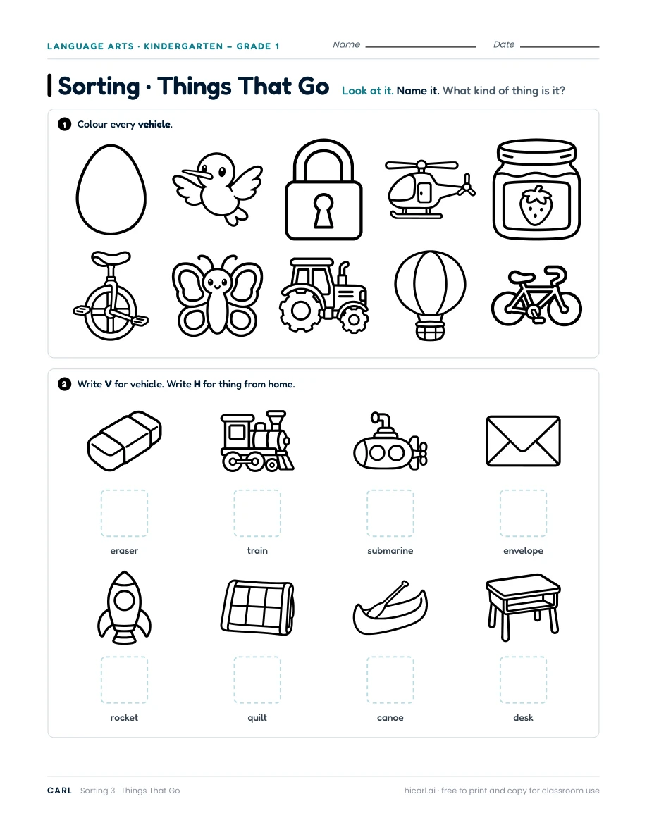 Things That Go sorting worksheet — page 1 of 1