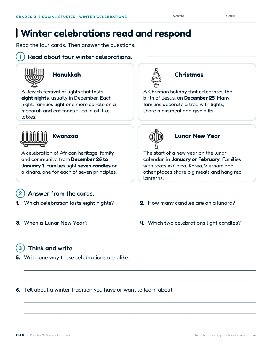 Winter celebration reading activities preview