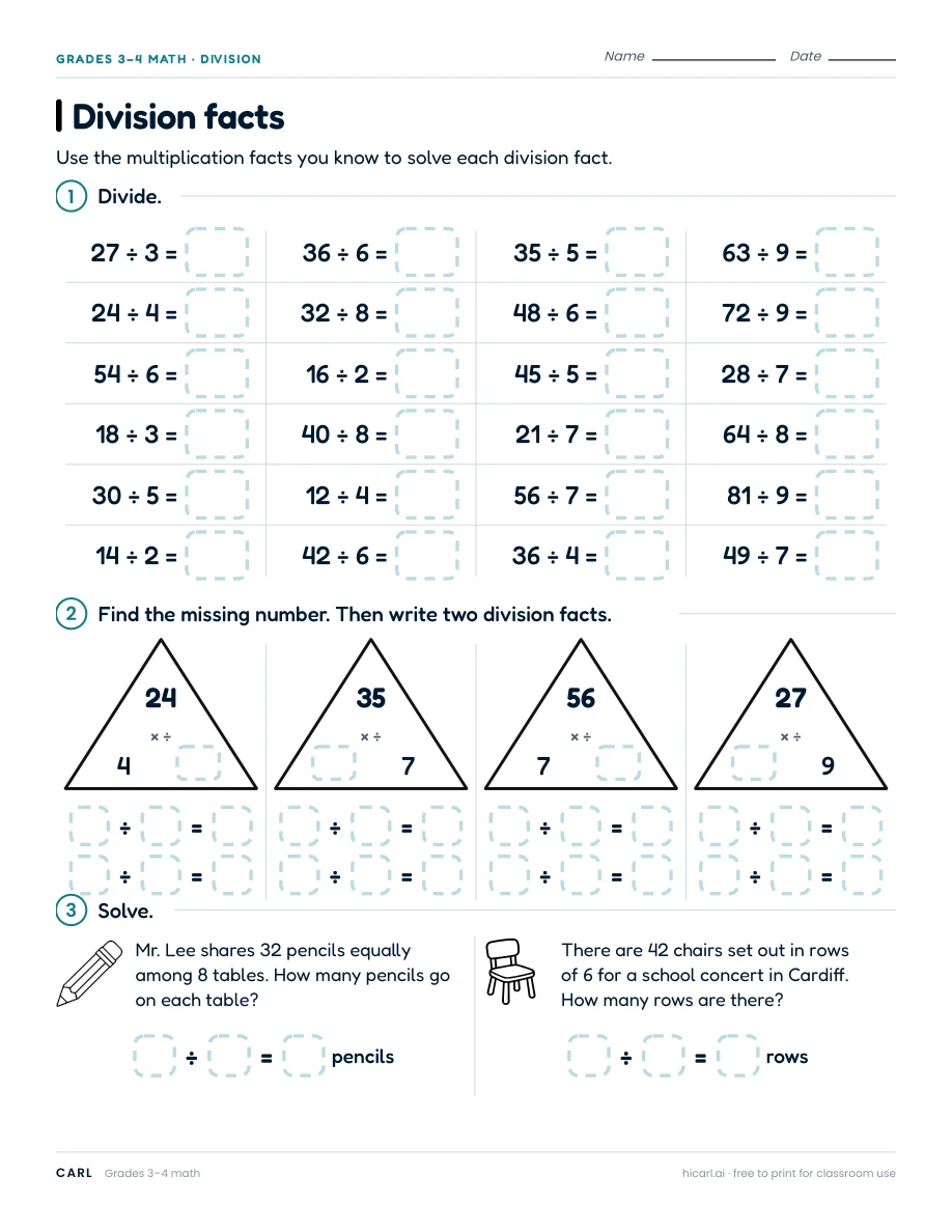 Division facts worksheet preview