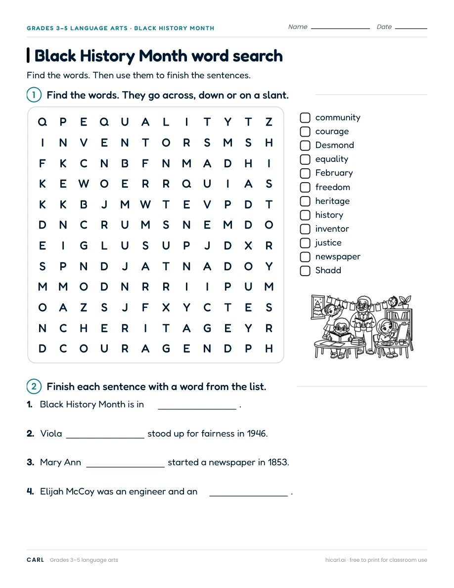 Black History Month word search worksheet preview